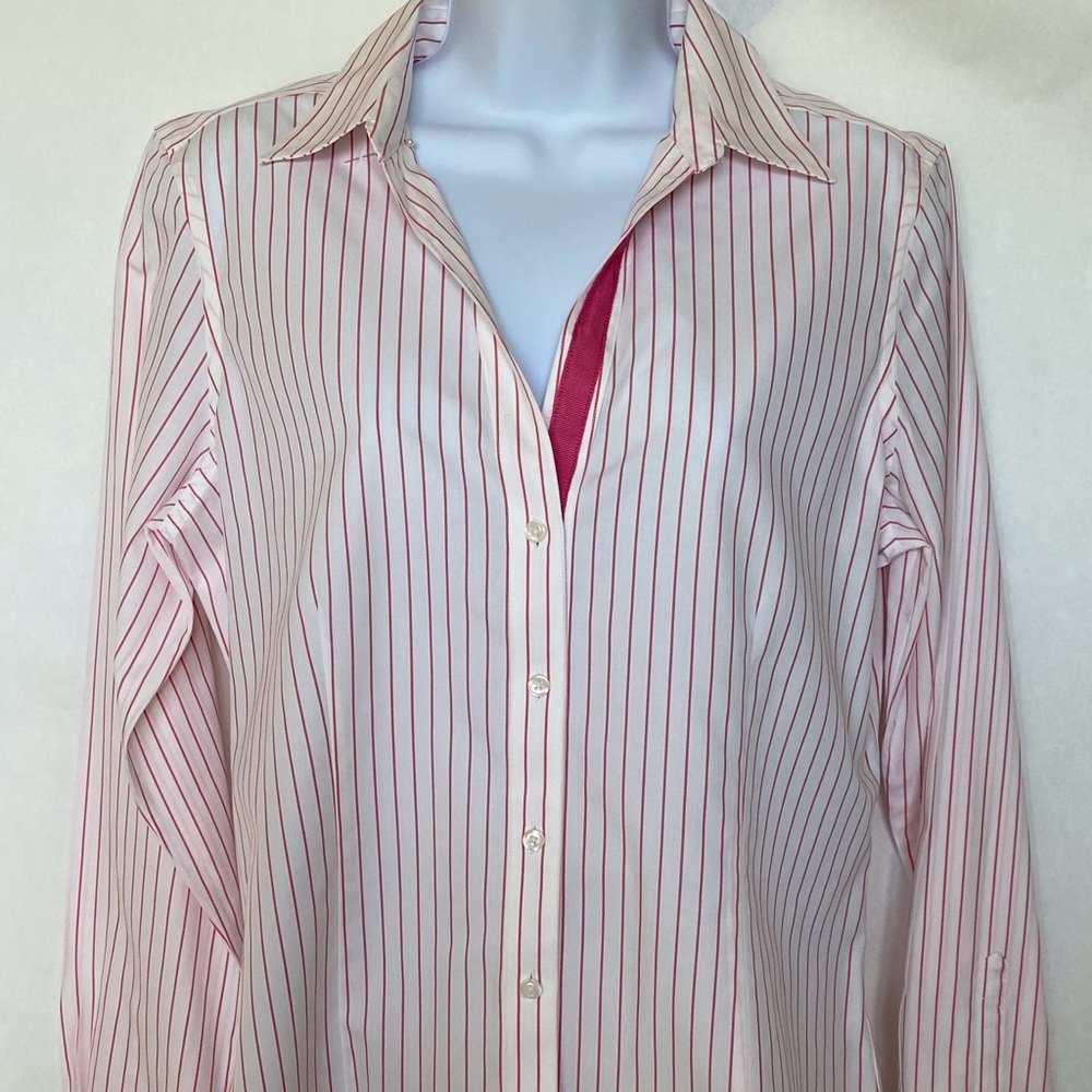 Brook’s Brothers. Size 8, long sleeve, pink and white.
